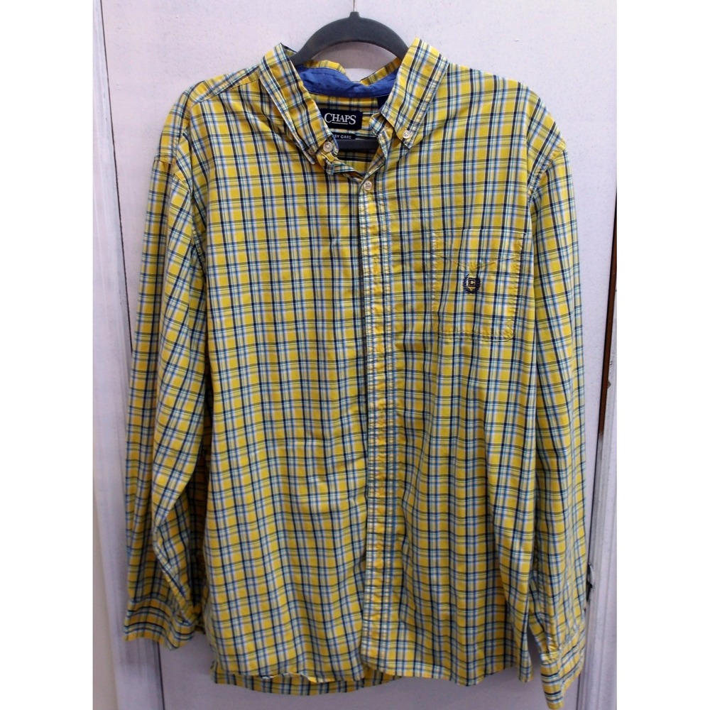 Chaps Mens XL Button Down Shirt Yellow Blue Plaid Easy‎ Care Cotton /#26359